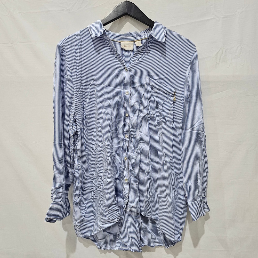 Chicos Size 3 XL Blue White Striped Rayon Button Down Shirt Gold Tassel Detail